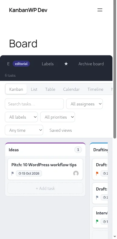 KanbanWP board on a phone