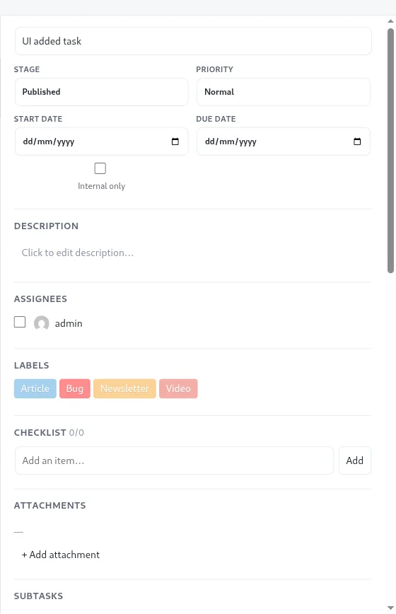 Task detail panel with stage, priority, dates, assignees, labels and checklist