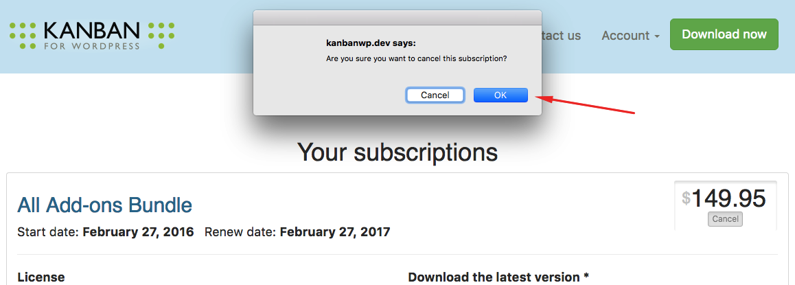 Cancelling a subscription Kanban for WordPress